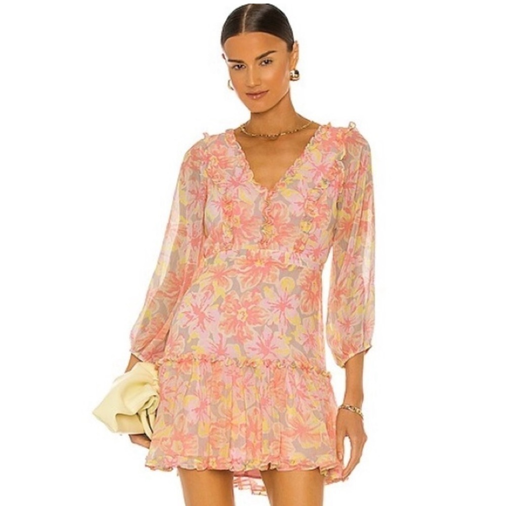 LIKELY Revolve Mia Dress Balloon Sleeve Floral Pink Ruffle Mini Size 2